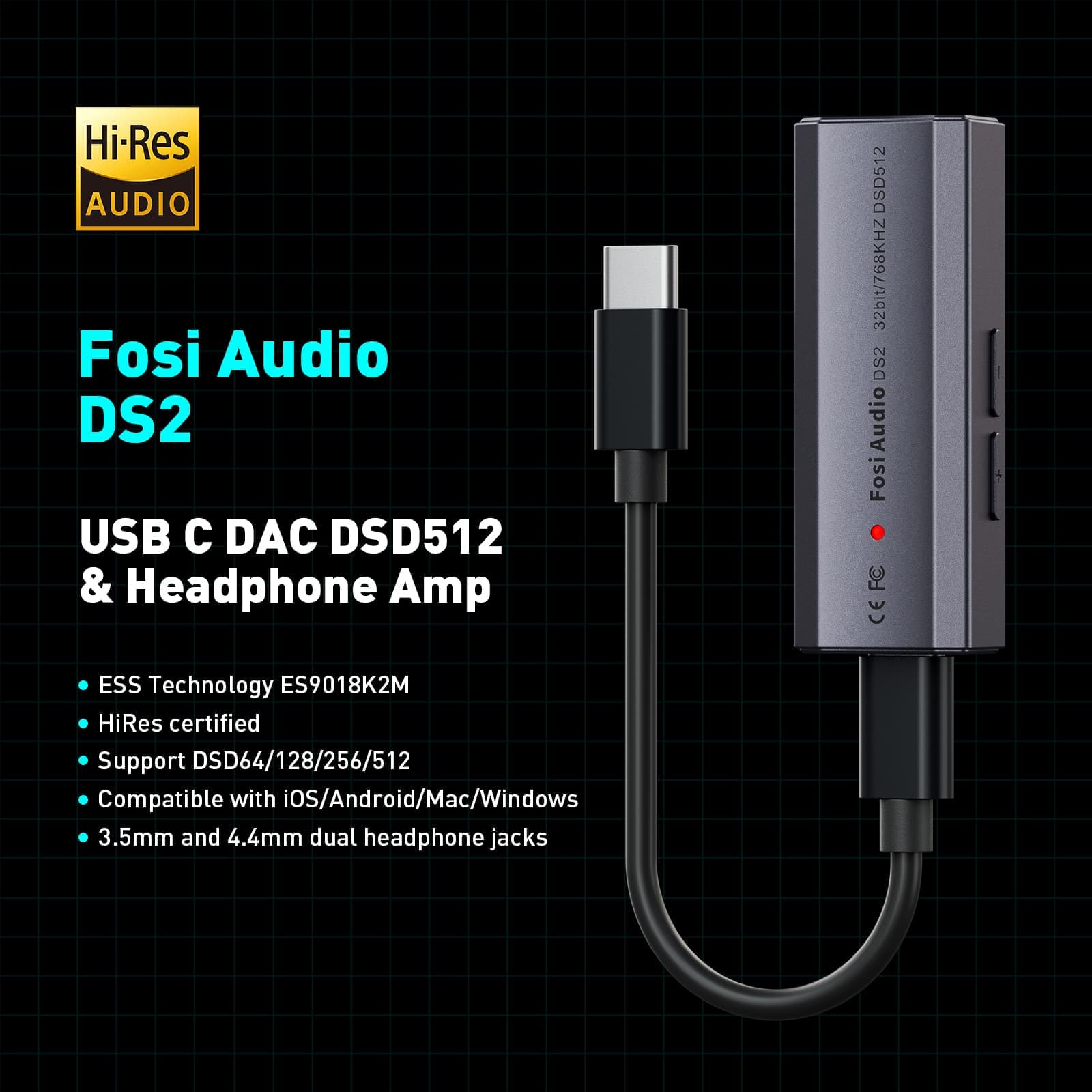 Fosi Audio Mini Tails USB DAC DS2 2023 Version High Resolution Supports 32bit/768kHz and DSD512 Headphone Outputs 3.5mm/4.4mm for Smartphones/Laptop/PC/Players
