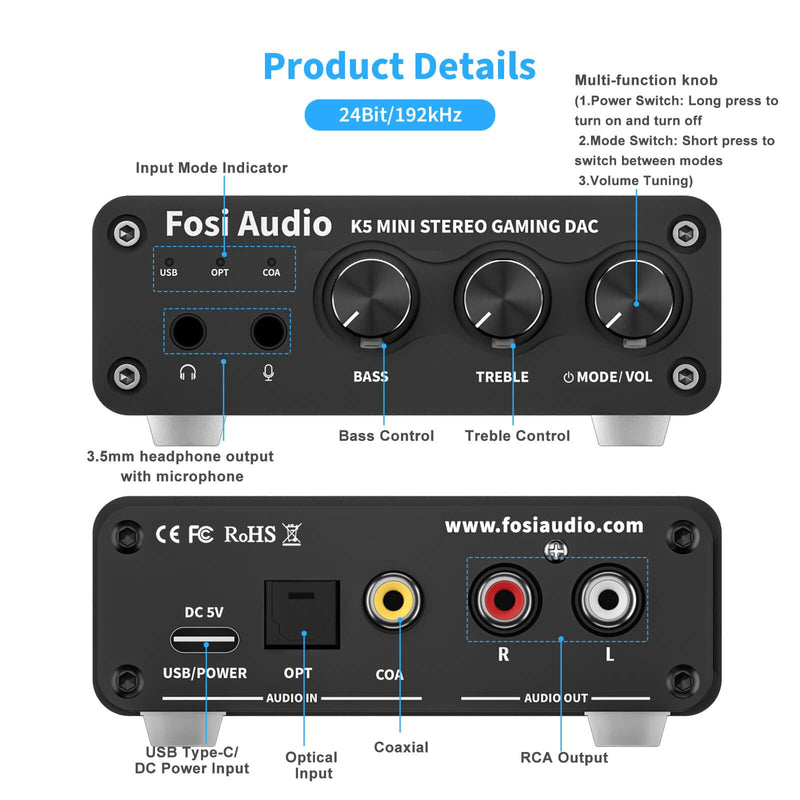 Fosi Audio K5 Mini Stereo Gaming DAC