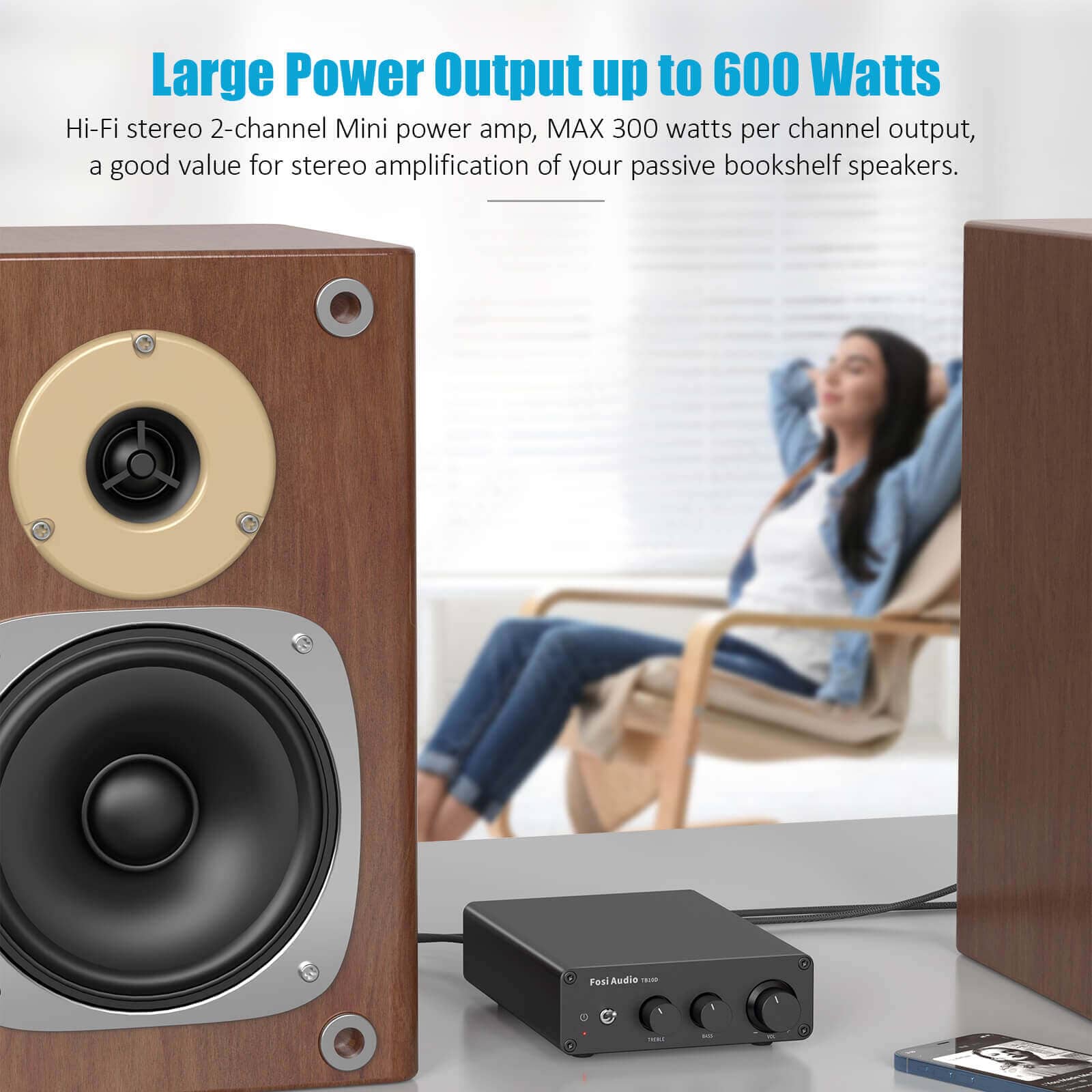 Large Power Output up to 600 Watts, HIFI stereo 2 channel mini power amp, a good value for stereo amplification of your passive bookshelf speakers