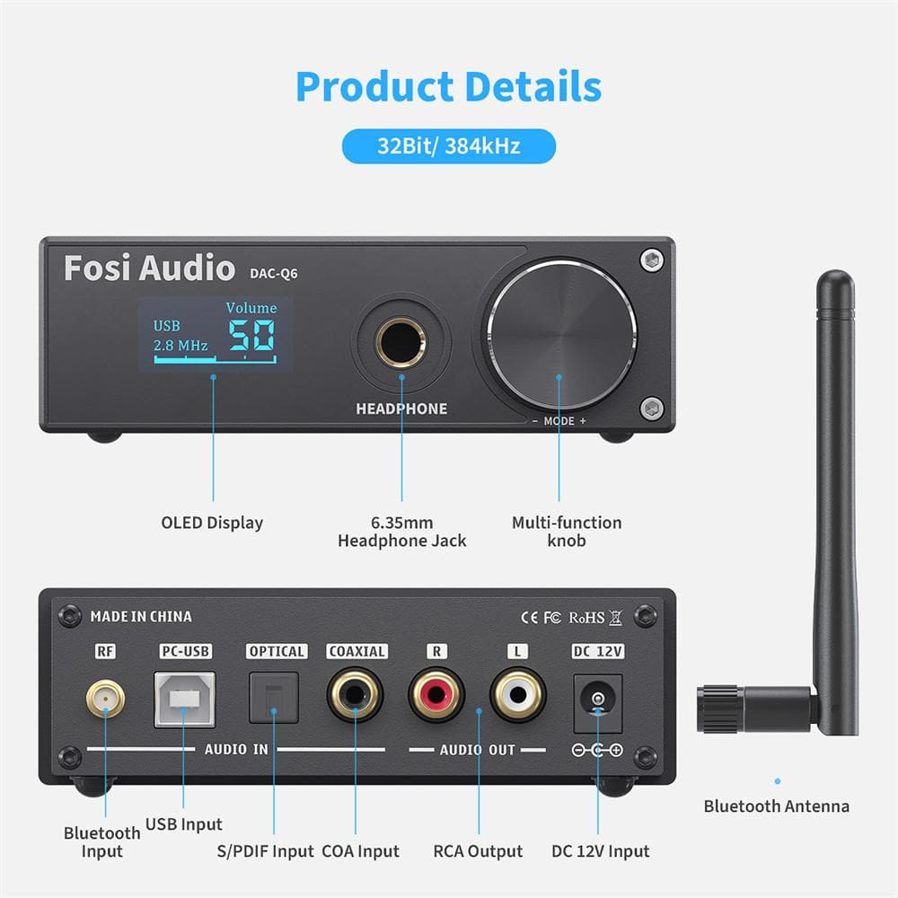 Fosi Audio Q6 USB HiFi DAC Bluetooth 5.0 Headphone Amplifier