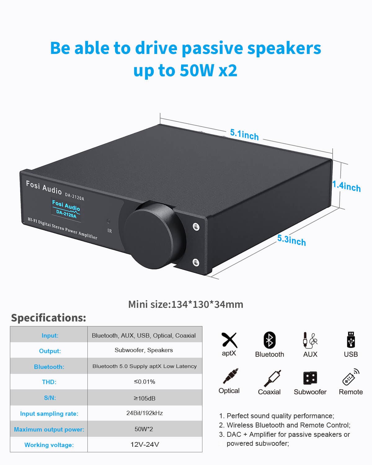 Bluetooth Amplifier be able to drive passive speakers up to 50WX2