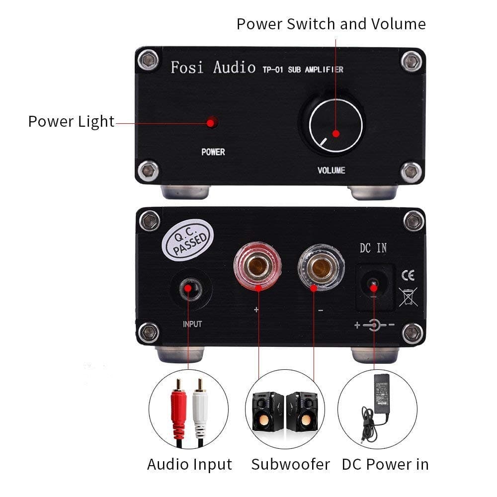 TP-01 Subwoofer Amplifier Receiver 100Watt Mini Hi-Fi Digital Class D Integrated Stereo Audio Amp for Sub Bass + Power Supply