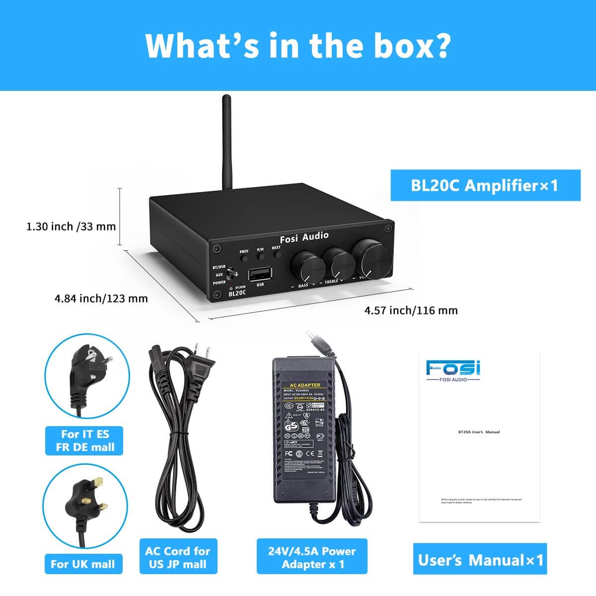 Fosi Audio BL20C Bluetooth Stereo Audio Receiver Amplifier 2.1 Mini HiFi Class D Amp U-Disk Player For Passive Speaker 160W x2